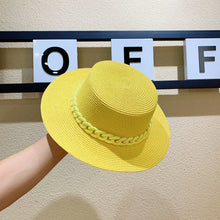 Load image into Gallery viewer, Macaron color straw hat sun hat flat top Korean fashion color chain with top hat acrylic beach hat candy color sun hat