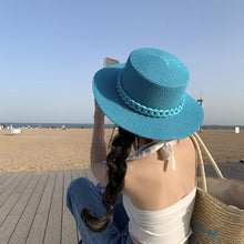 Load image into Gallery viewer, Macaron color straw hat sun hat flat top Korean fashion color chain with top hat acrylic beach hat candy color sun hat