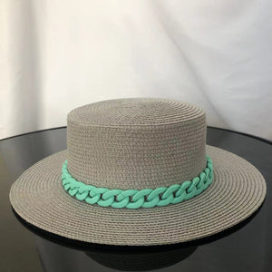 Macaron color straw hat sun hat flat top Korean fashion color chain with top hat acrylic beach hat candy color sun hat