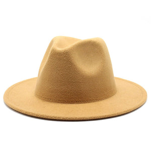 All-match Wide Brim Fedora Hat For Women Solid Color Wool Felt Hat For Men Autumn Winter Panama Gamble Yellow Jazz Cap 56-61cm